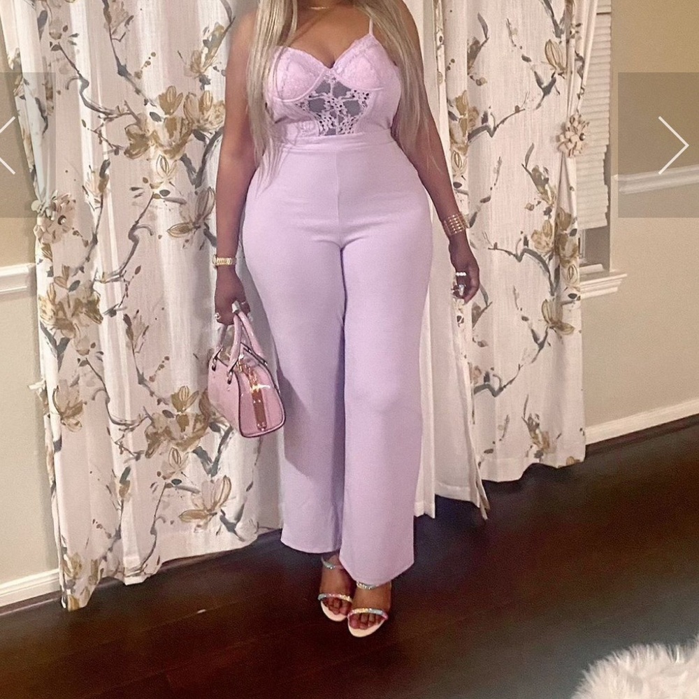 Purple Lace Wide Leg Jumpsuit Size L | Wedding Guest Cocktail Party Romper